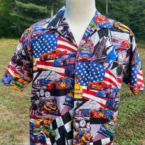 MAX BOXXER SHIRT HAWAIIAN CASUAL BUTTON DOWN RACE CARS AMERICANA SIZE L - Picture 3 of 10